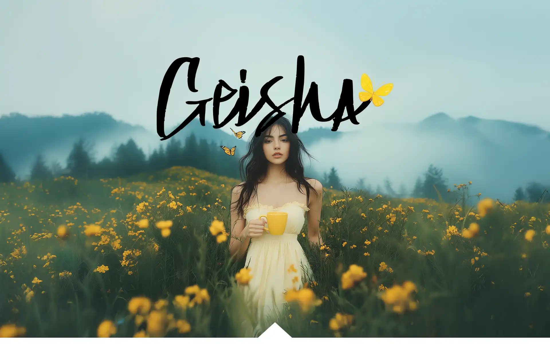 Café Geisha Bonae Mujer en vestido amarillo tomando café en medio de flores amarillas.